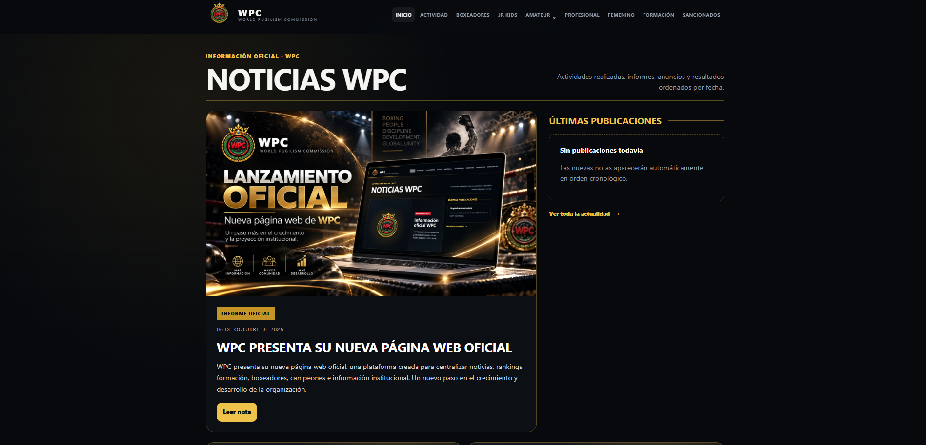 Captura del portal institucional de WPC