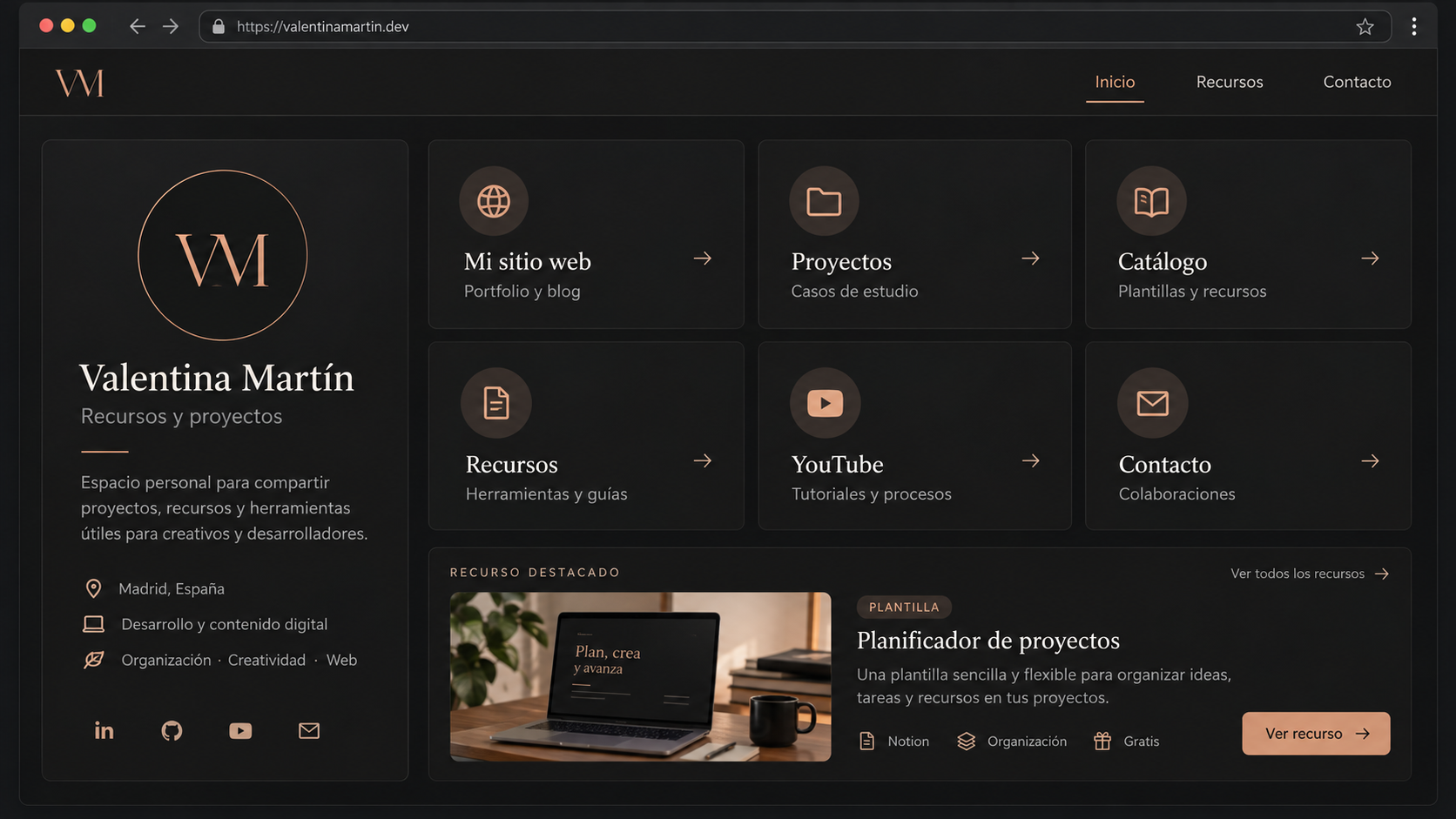 Ejemplo de un hub digital con enlaces y recursos